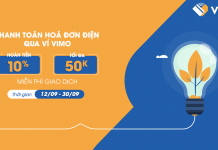 Hoàn tiền 10% khi thanh toán hoá đơn điện qua ví Vimo